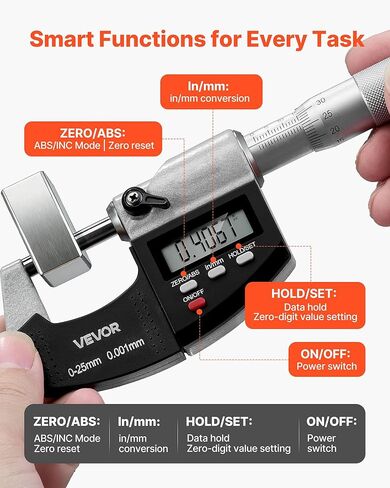 VEVOR Micrometer Set, Digital Outside Micrometer 0-1 inch Measuring Range, 0.00005" Resolution, Ultra-Precision 0.0001 Accuracy, LCD Screen, in/mm Switch, Carbide Tip, with Protective Case in Saudi Arabia