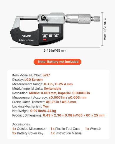 VEVOR Micrometer Set, Digital Outside Micrometer 0-1 inch Measuring Range, 0.00005" Resolution, Ultra-Precision 0.0001 Accuracy, LCD Screen, in/mm Switch, Carbide Tip, with Protective Case in Saudi Arabia