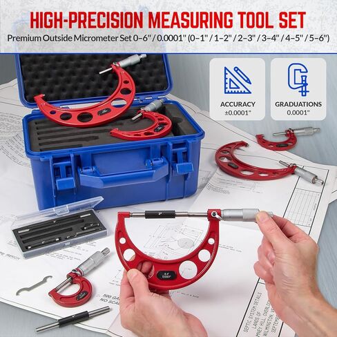 Premium Outside Micrometer Set 0-6" / 0.0001" (0-1"/ 1-2"/ 2-3"/ 3-4"/ 4-5" /5-6") Precision Machinist Tools w/Carbide Tips, Standards, Ratchet Stop in Kuwait