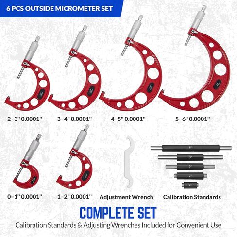 Premium Outside Micrometer Set 0-6" / 0.0001" (0-1"/ 1-2"/ 2-3"/ 3-4"/ 4-5" /5-6") Precision Machinist Tools w/Carbide Tips, Standards, Ratchet Stop in Kuwait