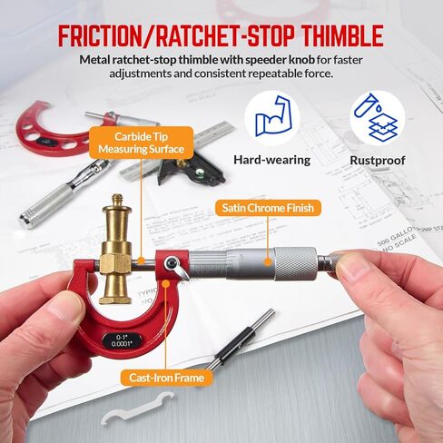 Premium Outside Micrometer Set 0-6" / 0.0001" (0-1"/ 1-2"/ 2-3"/ 3-4"/ 4-5" /5-6") Precision Machinist Tools w/Carbide Tips, Standards, Ratchet Stop in Kuwait