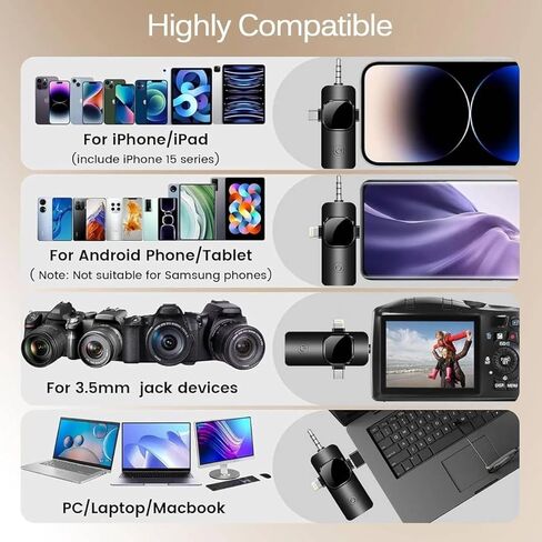 ميكروفون لاسلكي Lavalier Lapel لأجهزة iPhone وiPad وميكروفون تسجيل فيديو صغير لمقابلة الفيديو والبودكاست ومدونة الفيديو واليوتيوب والبث المباشر، وتقليل الضوضاء، والتوصيل والتشغيل (منفذ 3 في 1) in Kuwait