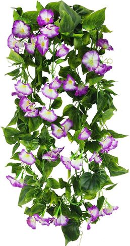 2 Pcs Artificial Vines Silk Morning Glory Vines for Outdoor 15Feet Hanging Plants Garland Red Fake Green Plant Morning Glories for Home Decor Wall Fence Stairway Wedding Hanging Baskets in Kuwait