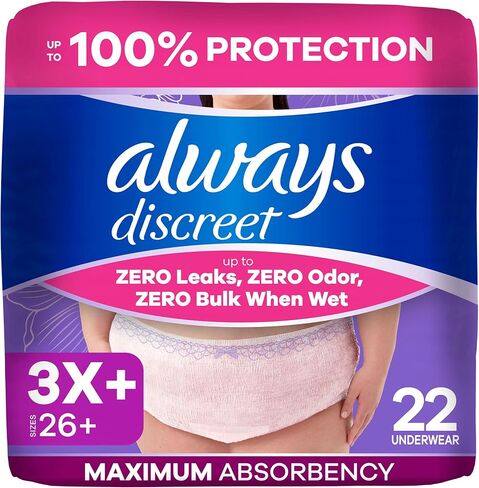 Always Discreet Reimagined Adult Diapers for Women, Maximum Absorbency Incontinence and Postpartum Underwear Size 3X+, Up to 100% Leak Free Bladder Leak Protection, 22 Count​ in Kuwait