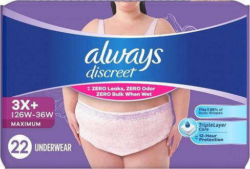 Always Discreet Reimagined Adult Diapers for Women, Maximum Absorbency Incontinence and Postpartum Underwear Size 3X+, Up to 100% Leak Free Bladder Leak Protection, 22 Count​ in Kuwait