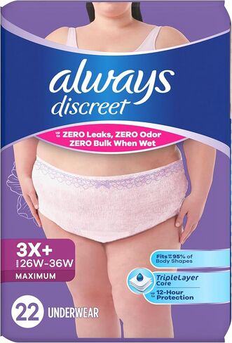 Always Discreet Reimagined Adult Diapers for Women, Maximum Absorbency Incontinence and Postpartum Underwear Size 3X+, Up to 100% Leak Free Bladder Leak Protection, 22 Count​ in Kuwait