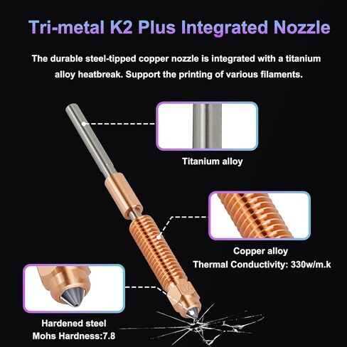 4PCS Quick-Swap Nozzle Kit (0.4mm×2, 0.2mm, 0.6mm), Titanium Heat Break with Copper & Hardened Steel Tips, Compatible with Creality K2/K2 Pro/K2 Plus/Hi 3D Printers in Kuwait