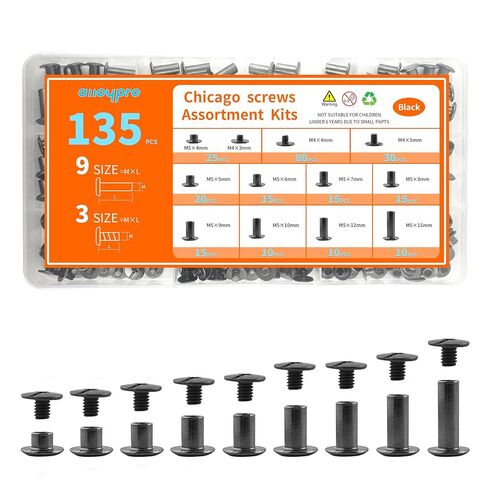 135 مجموعة من مسامير شيكاغو السوداء، طقم مسامير جلدية، 9 مقاسات (M5*4,5,6,7,8,9,10,12,15) و3 أطوال لولبية (M4*3,4,5) براغي ربط شيكاغو، للحرف الجلدية، وتجليد الكتب in Kuwait