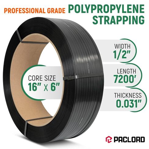 1/2" x 7200' Heavy-Duty Polypropylene (PP) Strapping Coil - 0.031" Thick Banding Strap, 16" x 6" Core, 600 lbs Break Strength, Black - for Bundling and Packaging - Flexible, Weather Resistant in Saudi Arabia