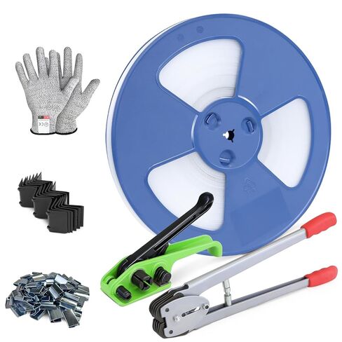 Banding Strapping Kit with 1/2" x 3200" Polypropylene (PP) Band 100 Metal Seals 20 Plastic Edge Protectors Tensioner Sealer Tool Glove for Pallet Box Packaging in Kuwait