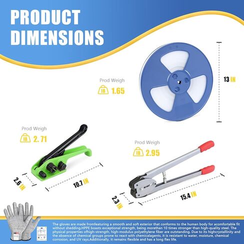 Banding Strapping Kit with 1/2" x 3200" Polypropylene (PP) Band 100 Metal Seals 20 Plastic Edge Protectors Tensioner Sealer Tool Glove for Pallet Box Packaging in Kuwait