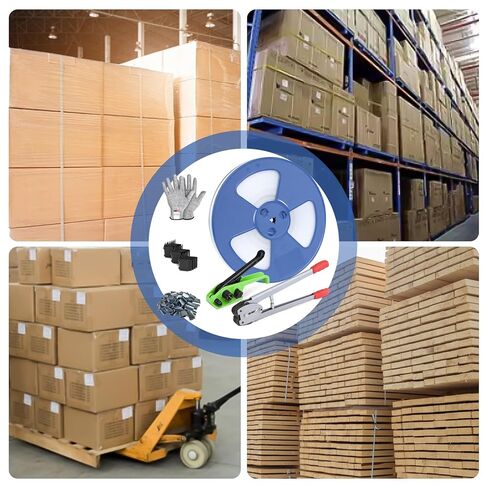 Banding Strapping Kit with 1/2" x 3200" Polypropylene (PP) Band 100 Metal Seals 20 Plastic Edge Protectors Tensioner Sealer Tool Glove for Pallet Box Packaging in Kuwait