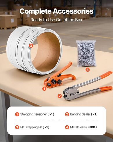 مجموعة ربط النطاقات VEVOR، أداة سدادة ربط شديدة التحمل مع شريط PP بطول 330 قدمًا، 100 ختم معدني، طقم ربط تغليف يدوي بلاستيكي للمستودع/الشحن/النقل/المنزل، برتقالي in Kuwait