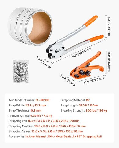 مجموعة ربط النطاقات VEVOR، أداة سدادة ربط شديدة التحمل مع شريط PP بطول 330 قدمًا، 100 ختم معدني، طقم ربط تغليف يدوي بلاستيكي للمستودع/الشحن/النقل/المنزل، برتقالي in Kuwait