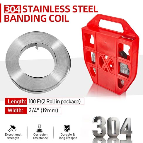 مجموعة ربط الربط مع أداة شد - 3/4 بوصة × 200 قدم 304 أشرطة ربط من الفولاذ المقاوم للصدأ مع علبة بلاستيكية و100 مشبك معدني، أداة ربط معدنية للتجميع والمنصات والأنابيب in Kuwait