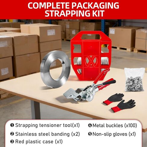 مجموعة ربط الربط مع أداة شد - 3/4 بوصة × 200 قدم 304 أشرطة ربط من الفولاذ المقاوم للصدأ مع علبة بلاستيكية و100 مشبك معدني، أداة ربط معدنية للتجميع والمنصات والأنابيب in Kuwait