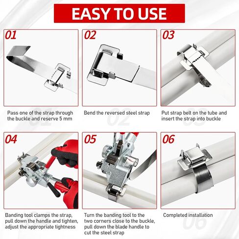 مجموعة ربط الربط مع أداة شد - 3/4 بوصة × 200 قدم 304 أشرطة ربط من الفولاذ المقاوم للصدأ مع علبة بلاستيكية و100 مشبك معدني، أداة ربط معدنية للتجميع والمنصات والأنابيب in Kuwait