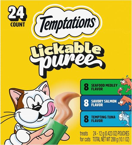 Temptations Creamy Puree Mix-Ups Squeezable Lickable Wet Cat Treats Tuna Flavor, Salmon Flavor, and Seafood Medley Flavor, 0.42 oz. Tubes, 24 Count in Saudi Arabia