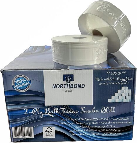Northbond A++ Premium 2-Ply Jumbo Bath Tissue, Soft, Strong, & Smooth - 12 Commercial Rolls (48 Regular Rolls Equivalent), 902 ft (10825 ft Equivalent), 100% Extra Virgin Wood &Septic Safe in Kuwait