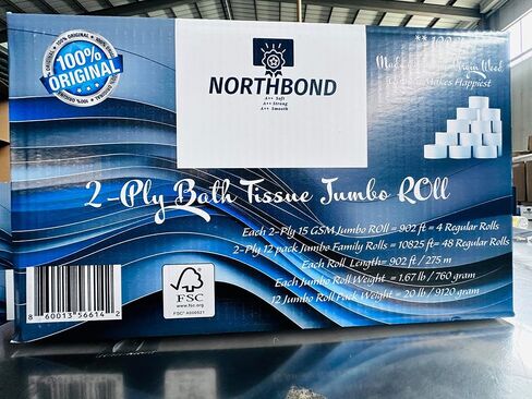 Northbond A++ Premium 2-Ply Jumbo Bath Tissue, Soft, Strong, & Smooth - 12 Commercial Rolls (48 Regular Rolls Equivalent), 902 ft (10825 ft Equivalent), 100% Extra Virgin Wood &Septic Safe in Kuwait