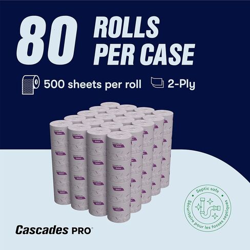 Cascades PRO Select Bath Tissue – Soft, Durable 2-Ply Toilet Paper Rolls – Fits Universal Dispensers – Individually Wrapped, Septic Safe, Recycled Fiber – 500 Sheets/Roll, 80 Rolls/Pack – B211 – White in Kuwait