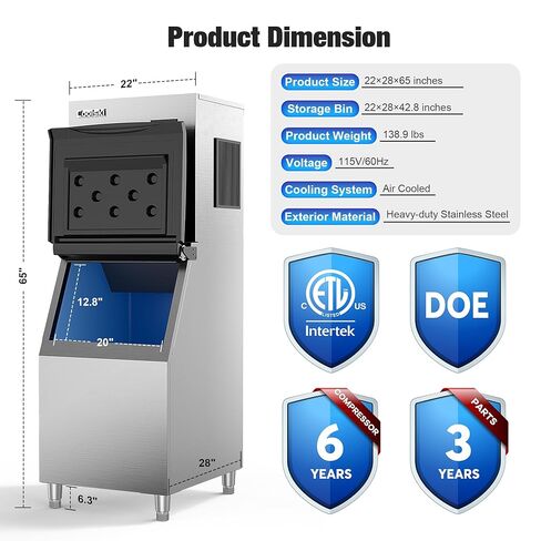 Coolski Commercial Ice Maker Machine 450LBS/24H, 22'' Wide Ice Machine with 300LBS Large Storage Bin, Clear Ice Cubes Air Cooled Stainless Steel Ice Maker for Restaurant/Bar/Cafe/Business in Saudi Arabia