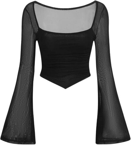 Verdusa Women's Contrast Mesh Ruched Square Neck Bell Sleeve Crop Tee Top T Shirt in Saudi Arabia