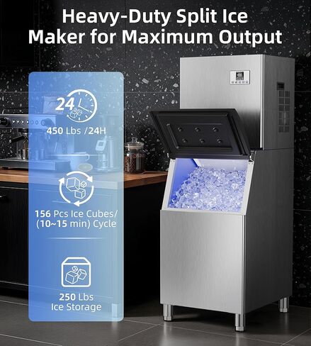 آلة صنع الثلج التجارية بقدرة 450 رطلاً/24 ساعة مع تخزين 250 رطلاً، وضع التنظيف الذاتي، آلة صنع الثلج الصناعية، الثلج جاهز في 7-15 دقيقة، صانع الثلج من الفولاذ المقاوم للصدأ للبار/المقهى/المطعم/الأعمال in Kuwait