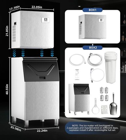 آلة صنع الثلج التجارية بقدرة 450 رطلاً/24 ساعة مع تخزين 250 رطلاً، وضع التنظيف الذاتي، آلة صنع الثلج الصناعية، الثلج جاهز في 7-15 دقيقة، صانع الثلج من الفولاذ المقاوم للصدأ للبار/المقهى/المطعم/الأعمال in Kuwait