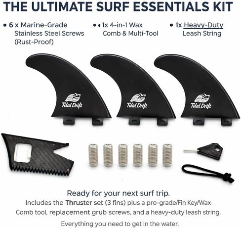 زعانف لوح ركوب الأمواج G5، مجموعة أدوات دفع من النايلون المقوى بالألياف الزجاجية بنسبة 35% متوافقة مع قواعد FCS، مصبوبة بالضغط العالي من أجل المرونة الصلبة و3 زعانف مع 4 في 1 متعددة الأدوات و6 براغي احتياطية - أسود in Kuwait