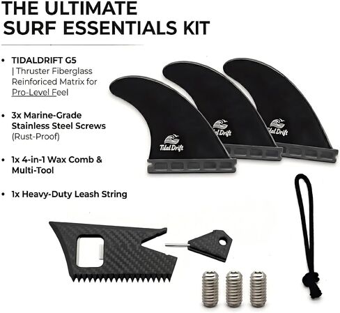زعانف لوح ركوب الأمواج G5 - مجموعة دافعة معززة بالألياف الزجاجية بنسبة 35% متوافقة مع قواعد العقود الآجلة - مصممة لموجات بطول 2-8 أقدام - تتضمن 3 عبوات 4 في 1 أدوات متعددة و3 براغي احتياطية - أسود in Kuwait
