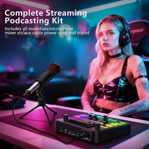 حزمة معدات البودكاست، خلاط صوت مع ميكروفون ديناميكي للكمبيوتر الشخصي، مجموعة معدات الألعاب لتسجيل البودكاست، مغير الصوت/التقليل من الضوضاء/التردد/البلوتوث، البث المباشر، غناء الفيديو (الهاتف/PS5) in Kuwait