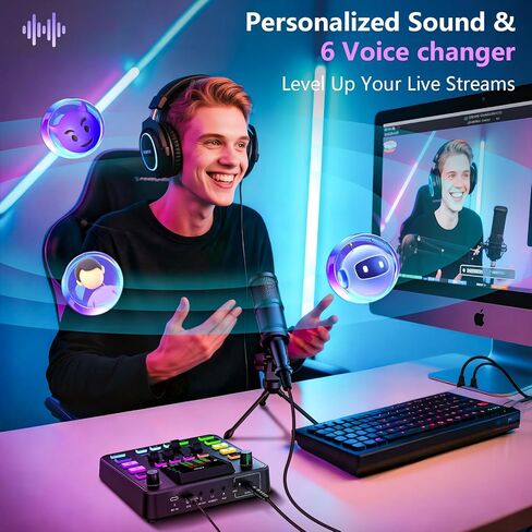 حزمة معدات البودكاست، خلاط صوت مع ميكروفون ديناميكي للكمبيوتر الشخصي، مجموعة معدات الألعاب لتسجيل البودكاست، مغير الصوت/التقليل من الضوضاء/التردد/البلوتوث، البث المباشر، غناء الفيديو (الهاتف/PS5) in Kuwait