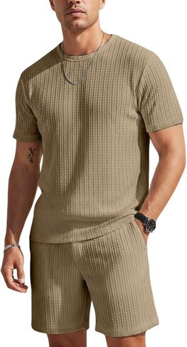 UOUA Mens Shorts Set Crewneck Short Sleeve T-Shirt & Shorts Twisted Texture 2 Piece Summer Outfits Casual Matching Sets in Saudi Arabia