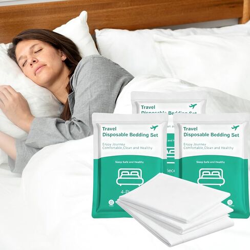 4 عبوات من ملاءات السرير للاستعمال مرة واحدة مقاس كوين، مجموعة أغطية سرير للاستعمال مرة واحدة في الفندق مع غطاء لحاف وأغطية وسائد، أساسيات السفر للرحلات الفندقية والتخييم in Kuwait