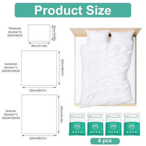 4 عبوات من ملاءات السرير للاستعمال مرة واحدة مقاس كوين، مجموعة أغطية سرير للاستعمال مرة واحدة في الفندق مع غطاء لحاف وأغطية وسائد، أساسيات السفر للرحلات الفندقية والتخييم in Kuwait