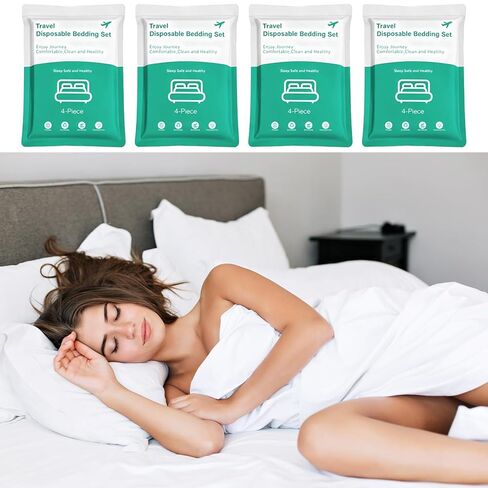 4 عبوات من ملاءات السرير للاستعمال مرة واحدة مقاس كوين، مجموعة أغطية سرير للاستعمال مرة واحدة في الفندق مع غطاء لحاف وأغطية وسائد، أساسيات السفر للرحلات الفندقية والتخييم in Kuwait