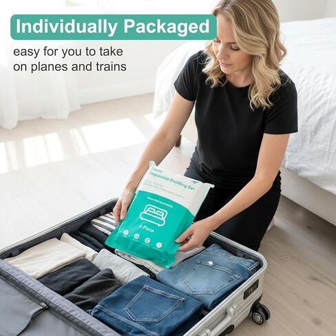 4 عبوات من ملاءات السرير للاستعمال مرة واحدة مقاس كوين، مجموعة أغطية سرير للاستعمال مرة واحدة في الفندق مع غطاء لحاف وأغطية وسائد، أساسيات السفر للرحلات الفندقية والتخييم in Kuwait