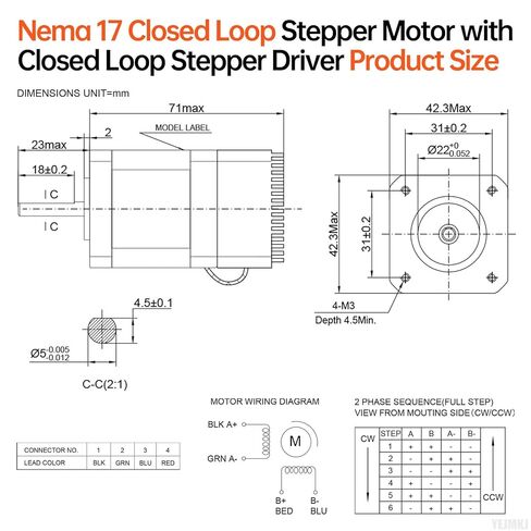Nema 17 Closed Loop Stepper Motor with Integrated Closed Loop Stepper Driver 1.8‌°‌ 2 Phase High Torque 0.55Nm(77.89oz·in) Bipolar 2.0A 1.5Ω 71mm Cable 0.3M for 3D Printer DIY Robot in Kuwait