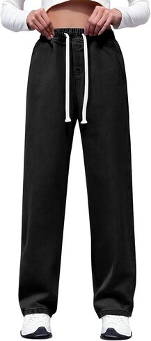 Sweatpants جينز للنساء واسعة الساق الرباط سحب على السراويل مستقيم الساق السببية بسط سراويل جينز مع جيوب in Saudi Arabia