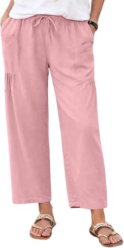 Linen Pants Women Summer Wide Leg Pleated Palazzo Pants Elastic Waist Travel Trousers with Pockets Beach Clothes in Saudi Arabia