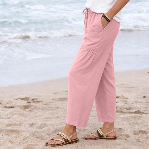 Linen Pants Women Summer Wide Leg Pleated Palazzo Pants Elastic Waist Travel Trousers with Pockets Beach Clothes in Saudi Arabia