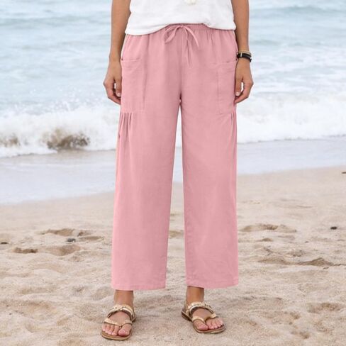 Linen Pants Women Summer Wide Leg Pleated Palazzo Pants Elastic Waist Travel Trousers with Pockets Beach Clothes in Saudi Arabia