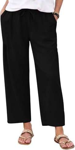 Linen Pants Women Summer Wide Leg Pleated Palazzo Pants Elastic Waist Travel Trousers with Pockets Beach Clothes in Saudi Arabia