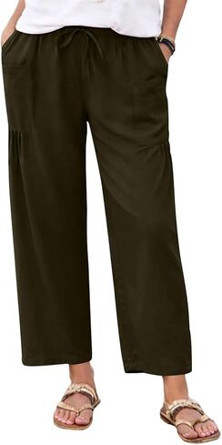 Linen Pants Women Summer Wide Leg Pleated Palazzo Pants Elastic Waist Travel Trousers with Pockets Beach Clothes in Saudi Arabia