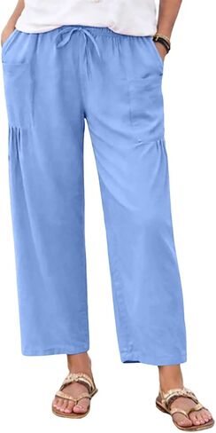 Linen Pants Women Summer Wide Leg Pleated Palazzo Pants Elastic Waist Travel Trousers with Pockets Beach Clothes in Saudi Arabia