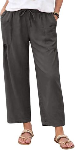 Linen Pants Women Summer Wide Leg Pleated Palazzo Pants Elastic Waist Travel Trousers with Pockets Beach Clothes in Saudi Arabia
