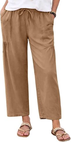 Linen Pants Women Summer Wide Leg Pleated Palazzo Pants Elastic Waist Travel Trousers with Pockets Beach Clothes in Saudi Arabia