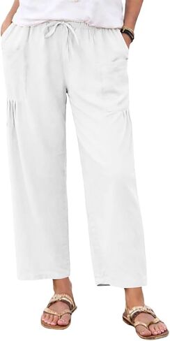 Linen Pants Women Summer Wide Leg Pleated Palazzo Pants Elastic Waist Travel Trousers with Pockets Beach Clothes in Saudi Arabia