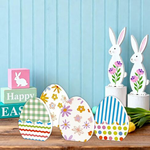 Easter Egg Table Decorations Centerpiece, 4 Pcs Wooden Easter Eggs Table Signs Spring Tabletop Decor for Home Office Tiered Tray Shelf Mantel Fireplace Dining Room Party Supplies in Kuwait